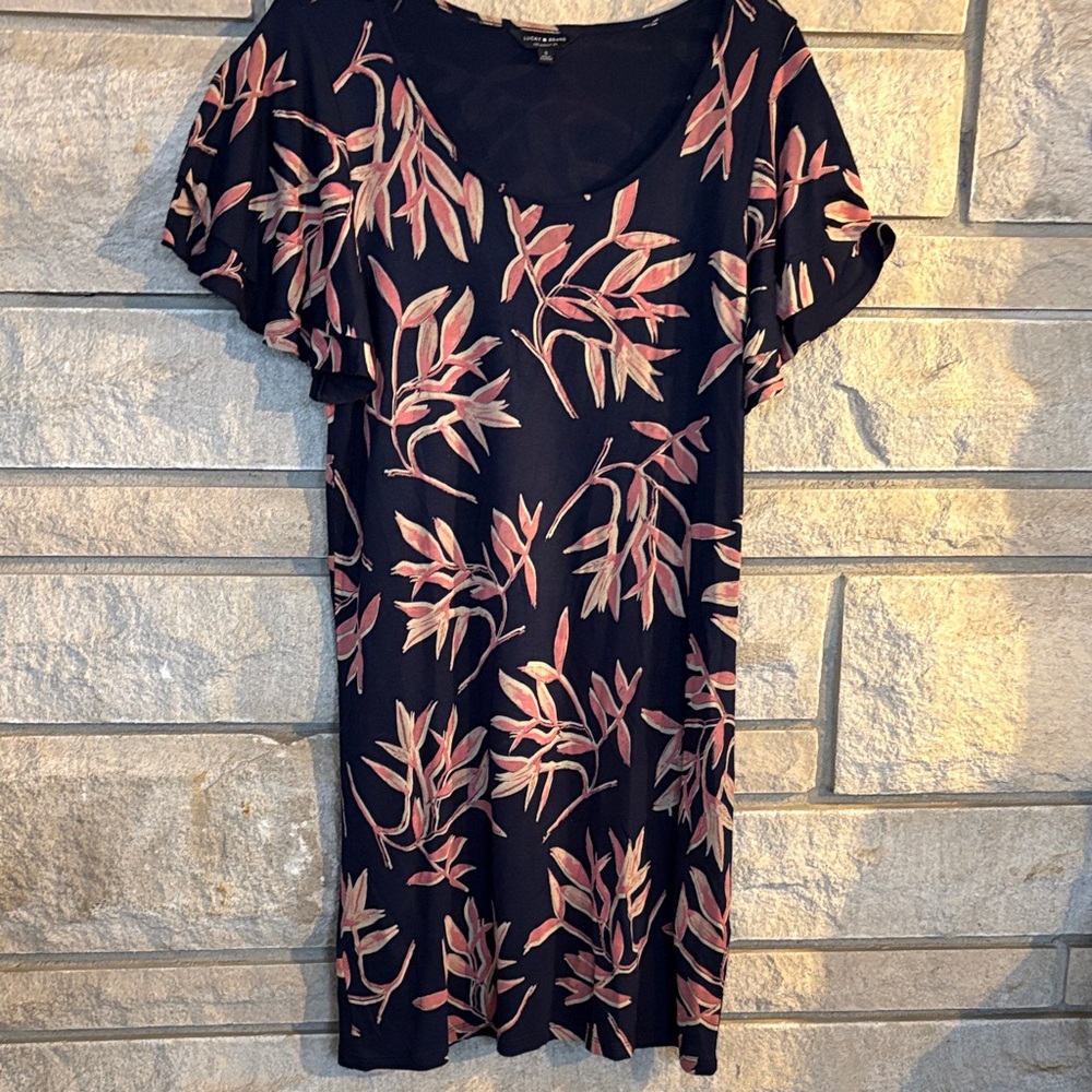 Lucky Brand Navy and Pink Leaf Print Dress